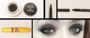 Products: Eyeliner: NYX, Gel Eyeliner, Black & IT Cosmetics no tug gel waterproof eyeliner, Black Mascara: Maybelline The colossal volume express waterproof, Classic Black Brush: Simply Simmons, Angle