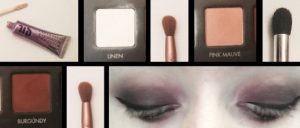 Products: Eye shadow primer, Urban Decay Primer Potion, Original   Eye shadow, Linen, Pink Mauve, & Burgundy Brushes: Eco tools, medium rounded & Sonia Kashuk No.116 & Bare Essentials, Foil and Fuse