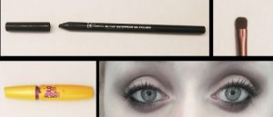 Products:  Eyeliner: IT Cosmetics no tug gel waterproof eyeliner, black Mascara: The colossal volume express  waterproof Tools: Eco Tools, small round/smudge brush
