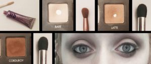 Products: Eye Shadow Primer: Urban Decay Primer Potion, Original Eye shadow: Lorac, Bare, Latte, & Corduroy  Tools: Eco tools, medium round & Sonia Kashuk, No. 116