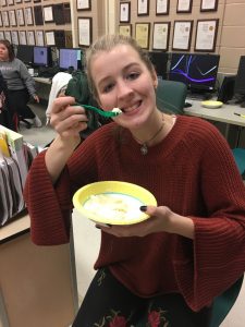 "They tasted super good," senior and managing design, Farryn Cook said. "Mashed potatoes is one of my favorite dishes. They were super fluffy and just overall reminded me of Thanksgiving meals with my family." Cook samples the mashed potato recipe.